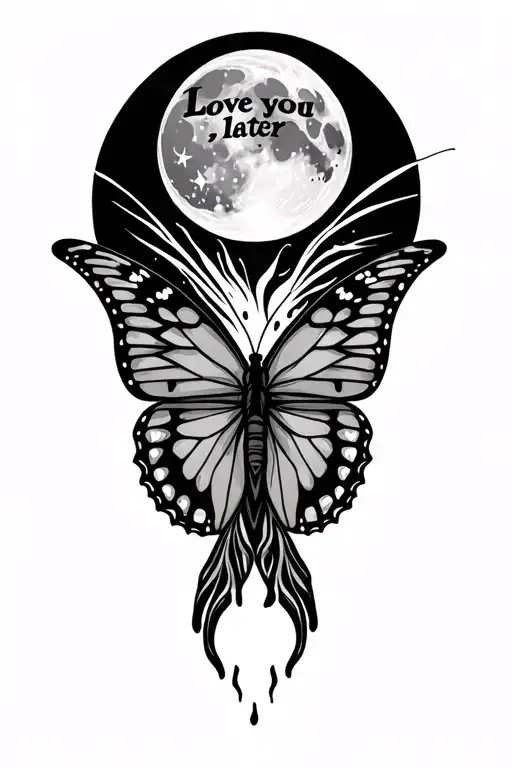 "Love you, later " butterfly flying towards the moon, words across the wings tattoo design idea