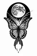 "Love you, later " butterfly flying towards the moon, words across the wings tattoo design idea