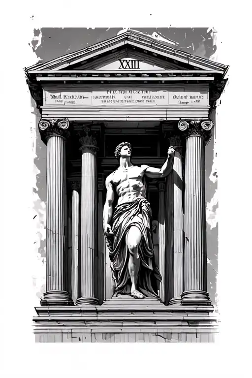 a roman looking up on a building with Roman columns with Roman numerals on it tattoo design idea