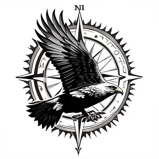 Red Kite bird flying, compass, nature elements like fire tattoo design idea