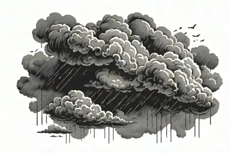 Black and white, dark, ominous rain clouds with spots of sunlight peeking through tattoo design idea