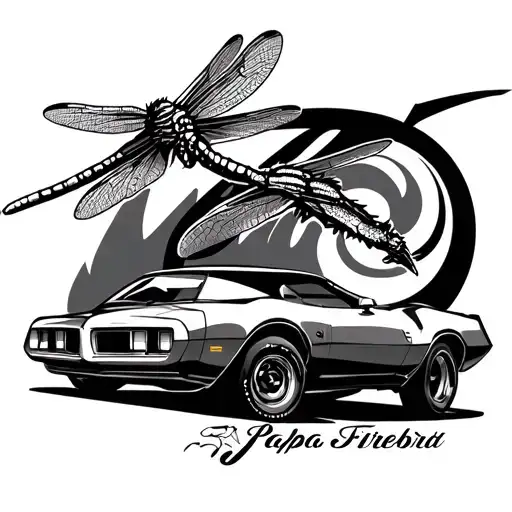 a dragon fly and pontiac firebird emblem for my papa jim and nini kitt tattoo design idea