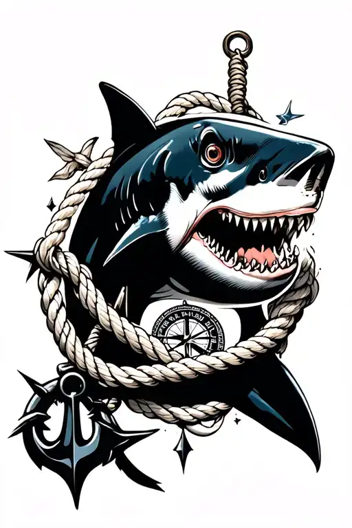 anchor compass rope shark tattoo design idea