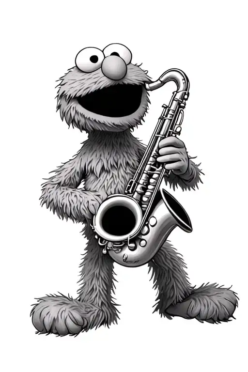 A highly detailed tattoo-style illustration of Sesame Street’s Elmo joyfully playing a saxophone. tattoo design idea