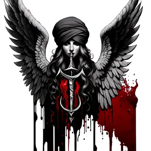 angel wings with sikh heavy khanda and blood on them tattoo design idea