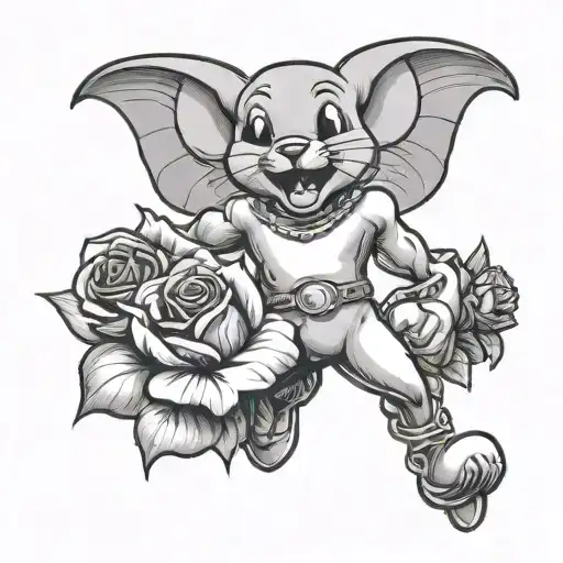 Mighty Mouse flying holding rose and dynamite tattoo design idea