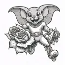 Mighty Mouse flying holding rose and dynamite tattoo design idea
