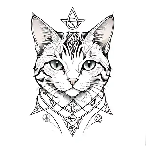 A sketch tattoo of a cat familiar with elements of witchcraft symbols intertwined in the design tattoo design idea