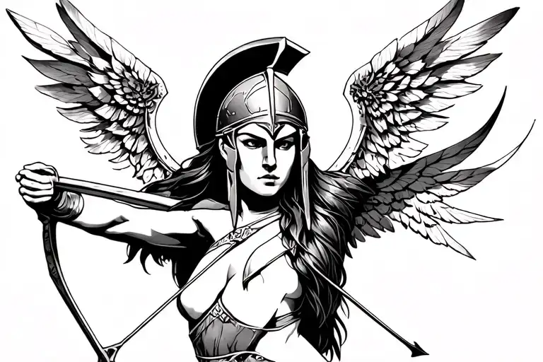 Artemis with its bow and a spartan helmet tattoo design idea