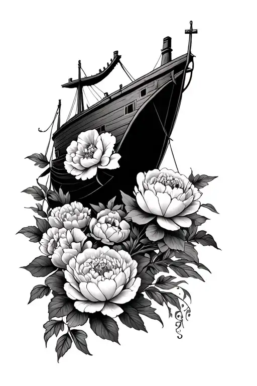 Noah's Ark surrounded by peony flowers tattoo design idea