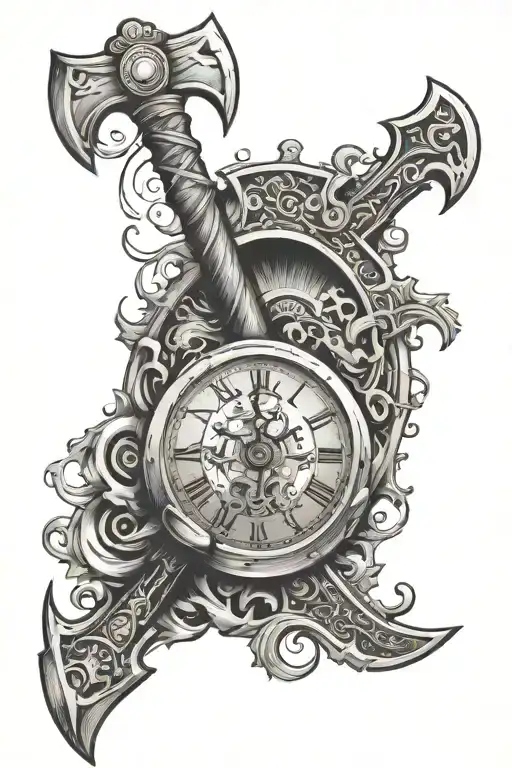 viking axe smashing roman clock face tattoo design idea