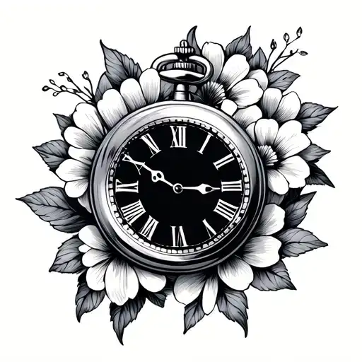 flowers with pocket watch tattoo design idea