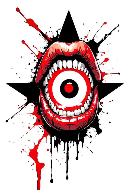star with vampire teeth and a target with the bulleye in the middle of the mouth tattoo design idea