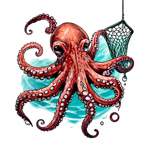 octopus holding fishing net tattoo design idea