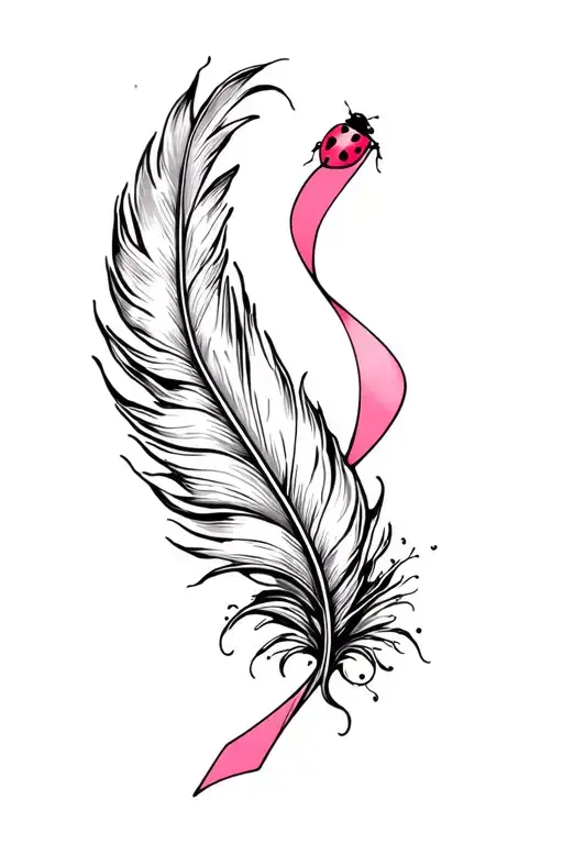 breast cancer ribbon one side a feather. a lady bug tattoo design idea