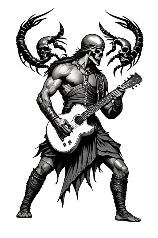 spartan worrior with skulls and scorpions playing musical instruments tattoo design idea