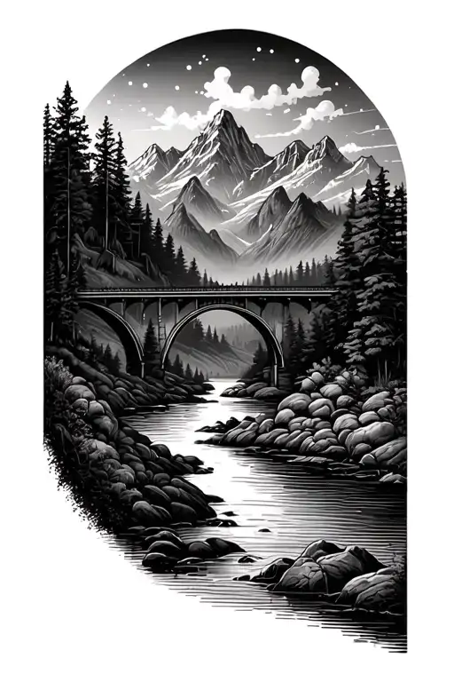 landscape tattoo featuring mountains, river and bridge in black and grey with less detail, more outlines and dotwork  tattoo design idea