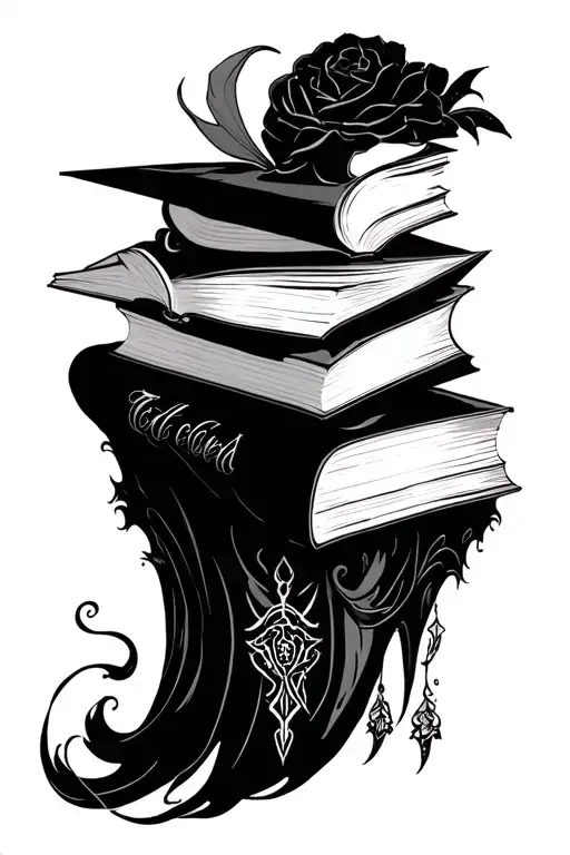 Book and reading themed tattoo incorporating acotar series by sarah j maas and the windy city series by liz tomforde tattoo design idea