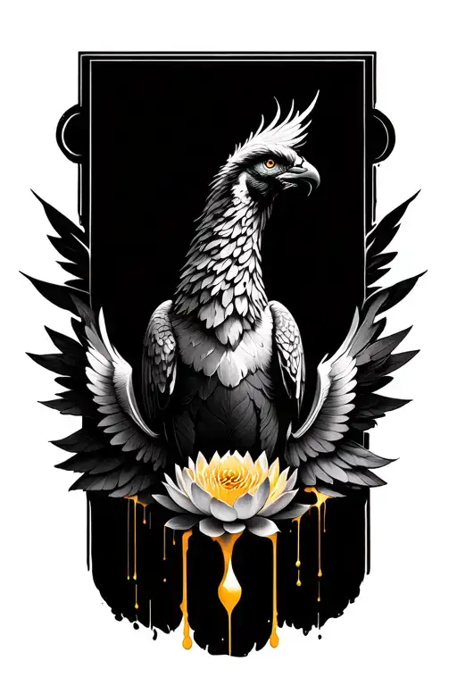 a phoenix faced forward looking down with its wings folded and a mandala lotus flower dripping gold between its wings tattoo design idea