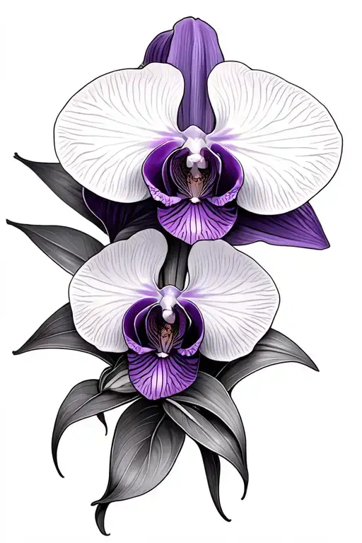 Black and Violet orchids with rosario and cruz de Jesucristo tattoo design idea
