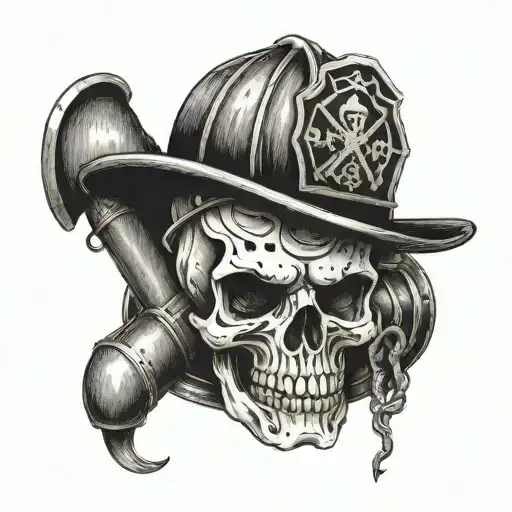 Firefighter skull with crossed axes and a fire hydrant in the background tattoo design idea