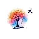 Semicolon, tree, cross, book, bird tattoo design idea