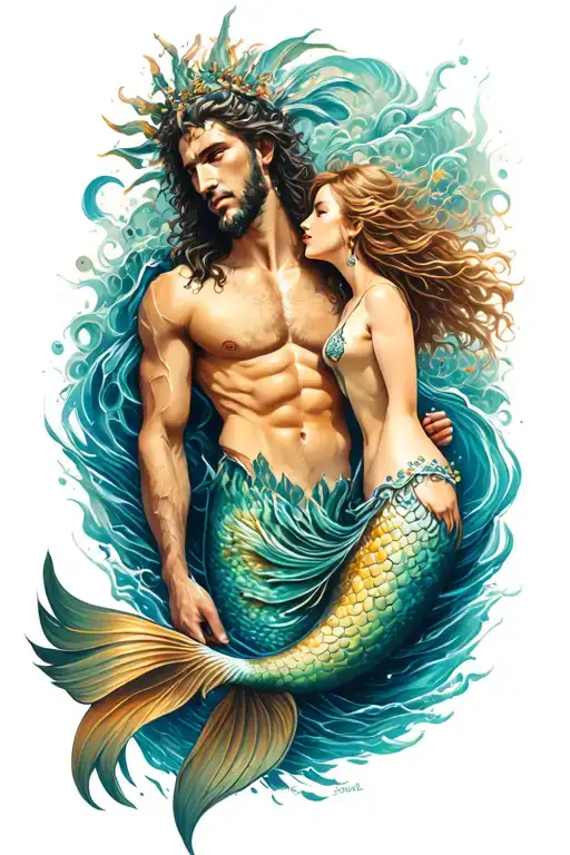forearm sleeve tattoo featuring poseidon and a sexy mermaid  tattoo design idea