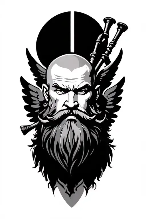 bald beard shirtless viking bagpipes wings on back tattoo design idea