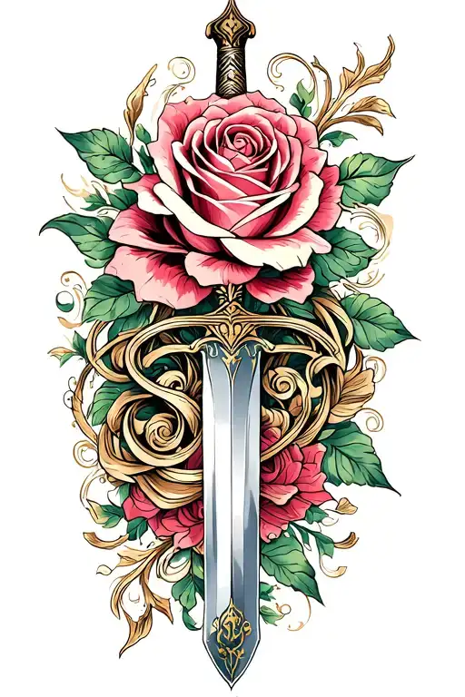 A beautiful and intricate design of the Beauty and the Beast enchanted rose intertwined with the Mulan family sword tattoo design idea