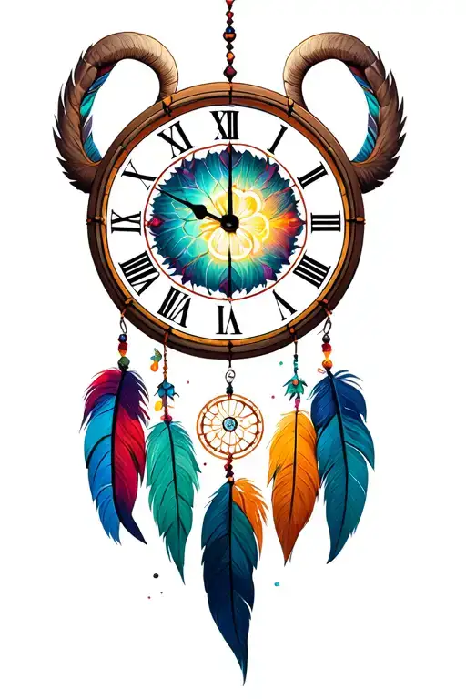 time clock, music, Aries and Leo and cancer zodiac dreamcatcher tattoo design idea