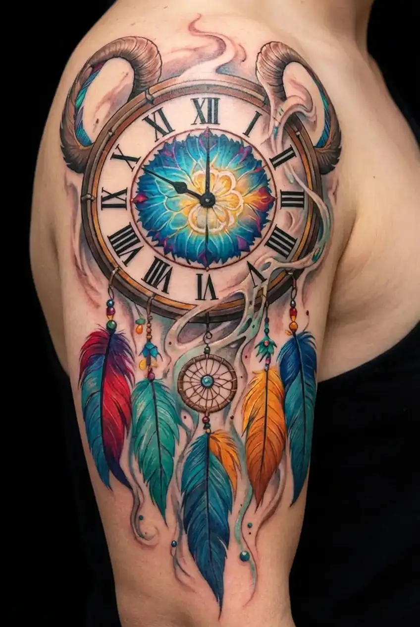 time clock, music, Aries and Leo and cancer zodiac dreamcatcher tattoo design idea