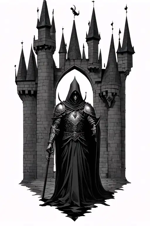 dark fantasy castle and dark hooded knight h i n tattoo design idea