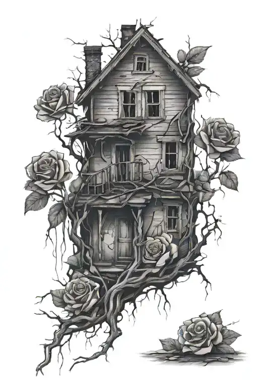 Abandoned ruined old house, roses, tree roots tattoo design idea