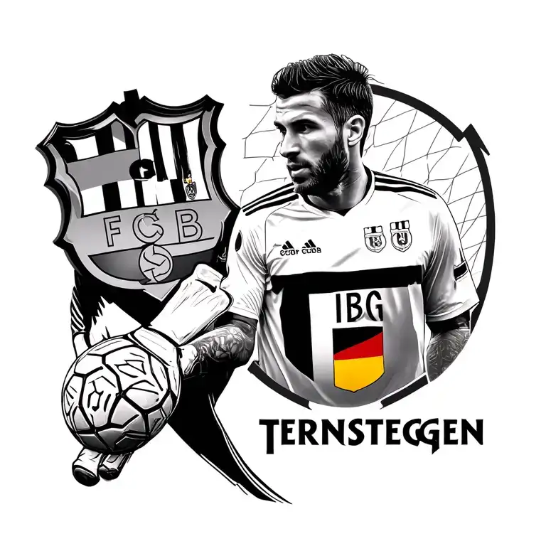 A special stylish design of the Barcelona goalkeeper, the same as Terstegen, with a special font name and the logo of Barcelona and Germany next to it tattoo design idea