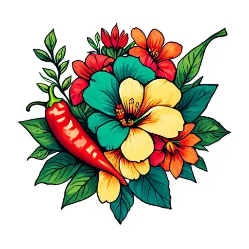 flowers and chili peppers tattoo design idea