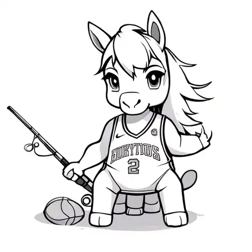 Chibi horse tattoo, sitting, wearing a basketball jersey, with a fishing rod in hand tattoo design idea