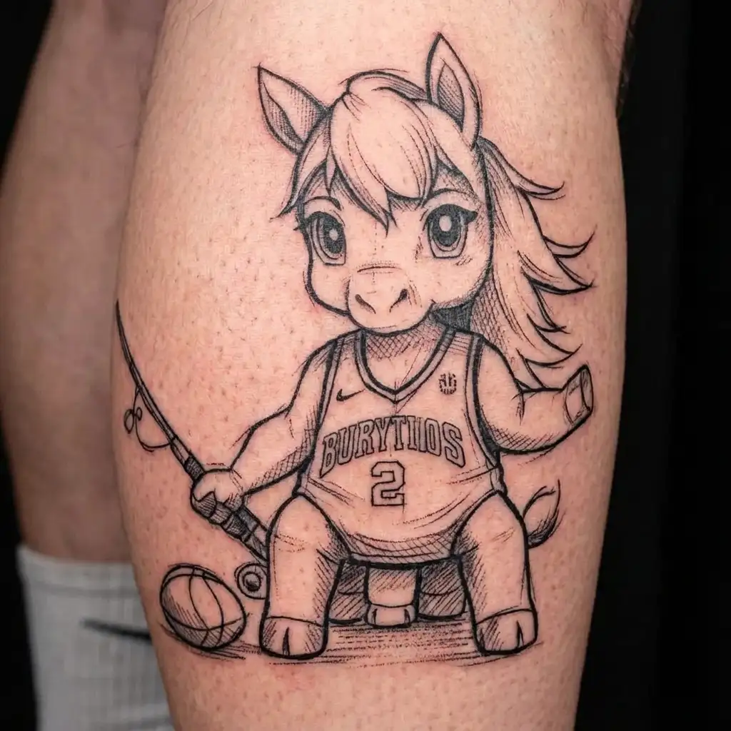 Chibi horse tattoo, sitting, wearing a basketball jersey, with a fishing rod in hand tattoo design idea
