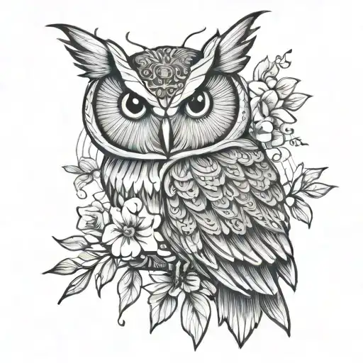 fine line butterly owl fantail tattoo design idea