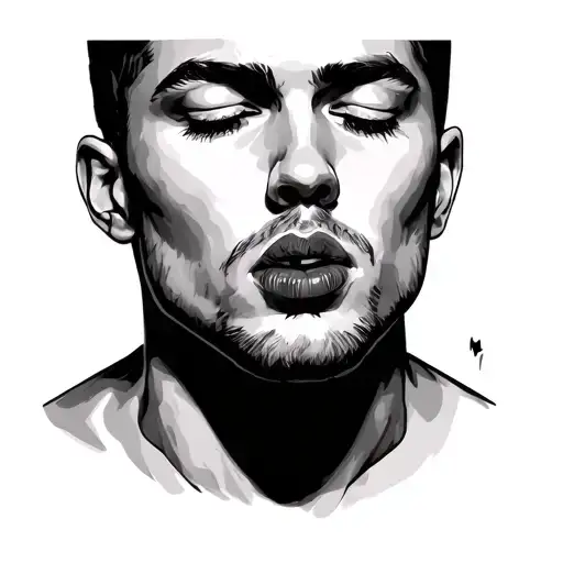 a man's head with eyes closed pursing his lips for a kiss tattoo design idea
