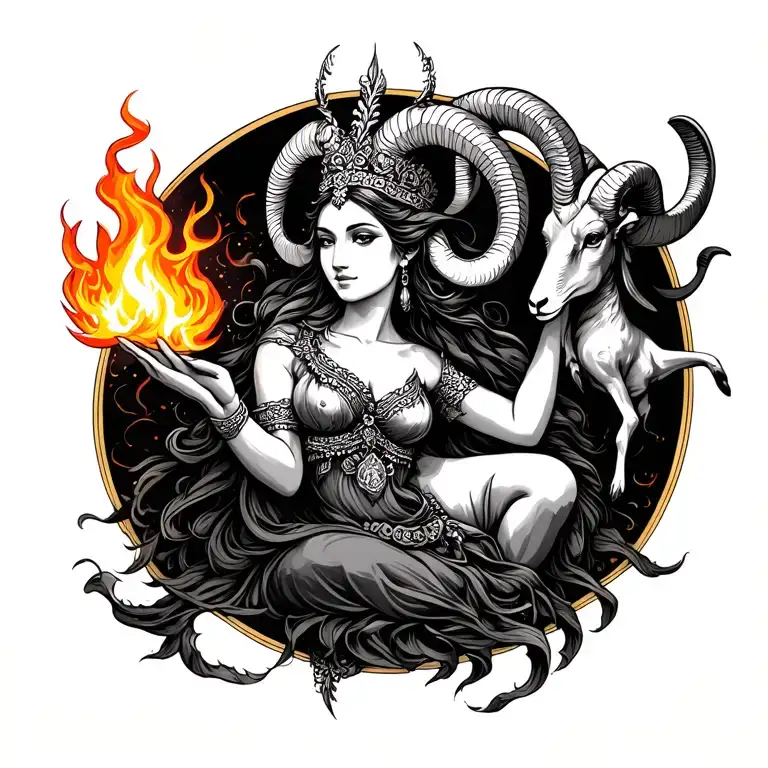  sexy goddess holding fire  symbolizing aries zodiac incorporating a ram tattoo design idea