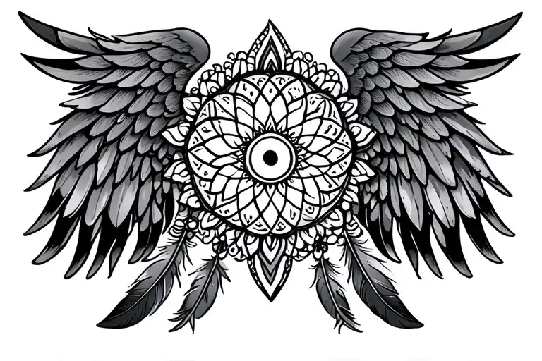 a small mandala, with 2 long wings to the side and 3 feathers dangling down, simple outline tattoo design idea