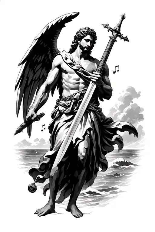 St Michael holding a sword, music, the ocean, gothic styling tattoo design idea