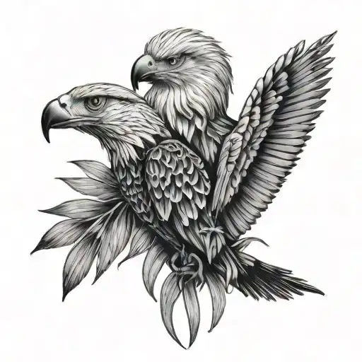 Eagle head loking to left, Agave plant  in the middle and Jaguar head looking to right a black grey tattoo tattoo design idea