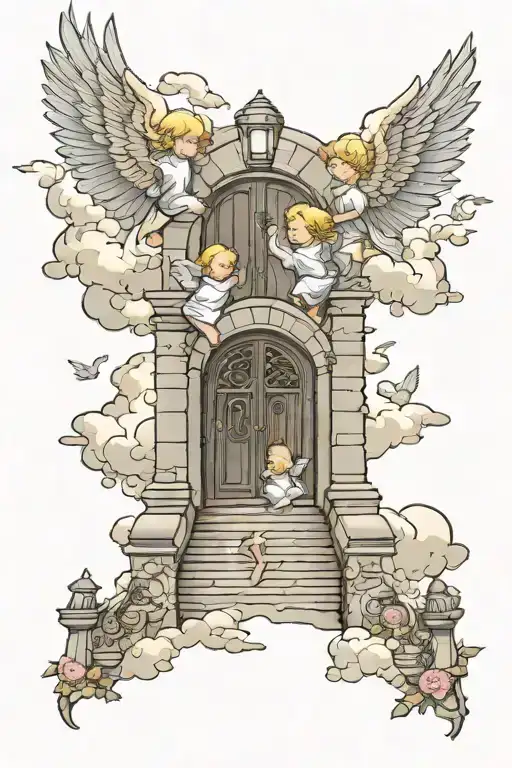 stairway to heaven gates with 2 baby angels flying tattoo design idea