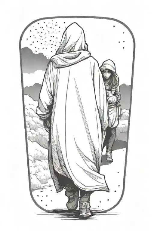 a woman and a huge hooded man walking away together tattoo design idea