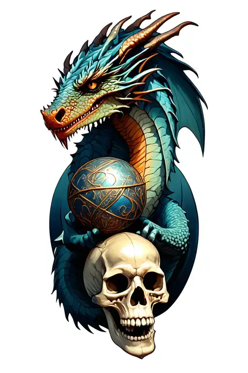 dragon  holding a viking skull and a orb tattoo design idea