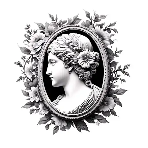 Oval cameo portrait ornate floral frame fine line tattoo design idea