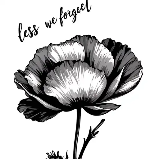 Poppy flower with less we forget written in cursive along the stem tattoo design idea