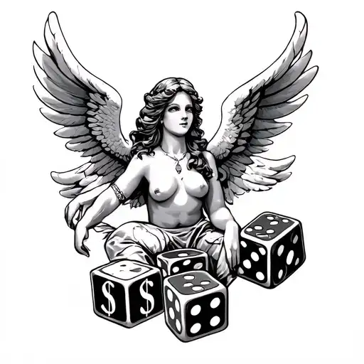 Angel on a Russian roulette, with dice and $ tattoo design idea