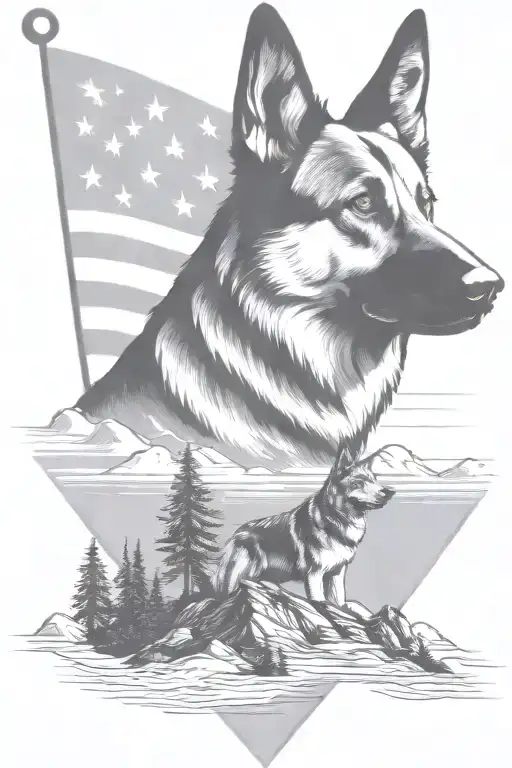 dark portrait german shepherd and border collie on a mountain peak American flag waving banner saying "diabetes" tattoo design idea